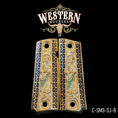 Gold engraved 1911 pistol grips with religious figure, Greek key pattern, black background