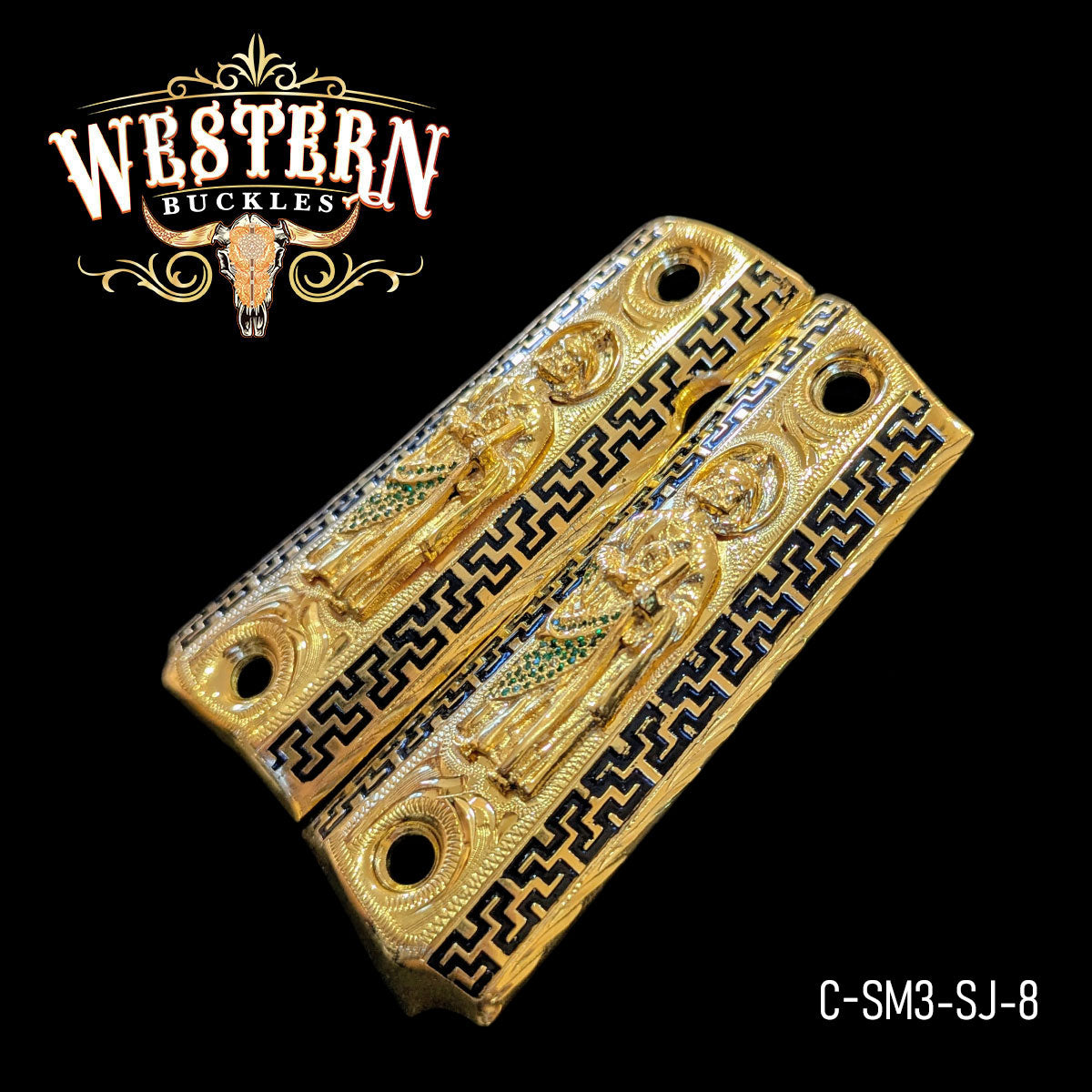 Gold custom Colt 1911 pistol grips with detailed engraved design on black background.