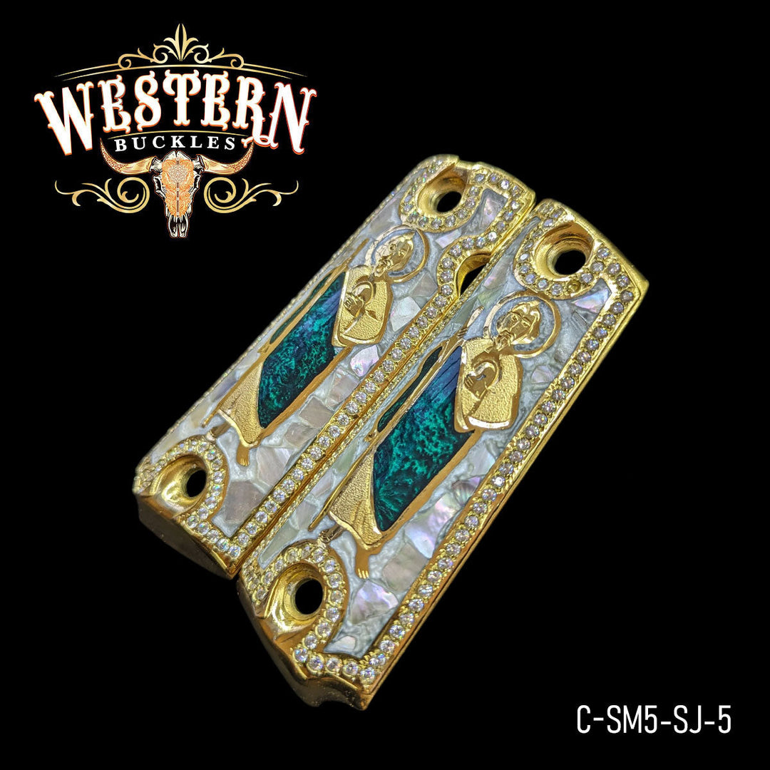 1911 Saint Jude Cachas — Detail View | Western Buckles Handcrafted | SKU C-SM5-SJ-5