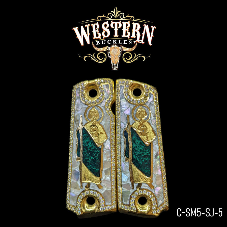 San Judas Custom Grips for Colt 1911 Full-Size — 24K Gold-Plated with Mother-of-Pearl & Zirconia Stones