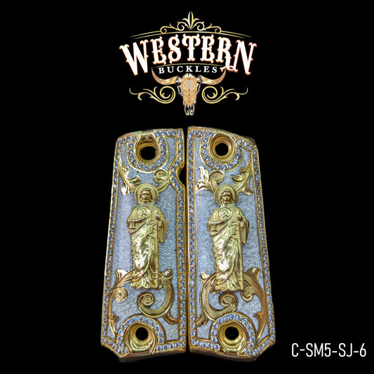 Cacha Colt 1911 San Judas Resina Rameado Dorado