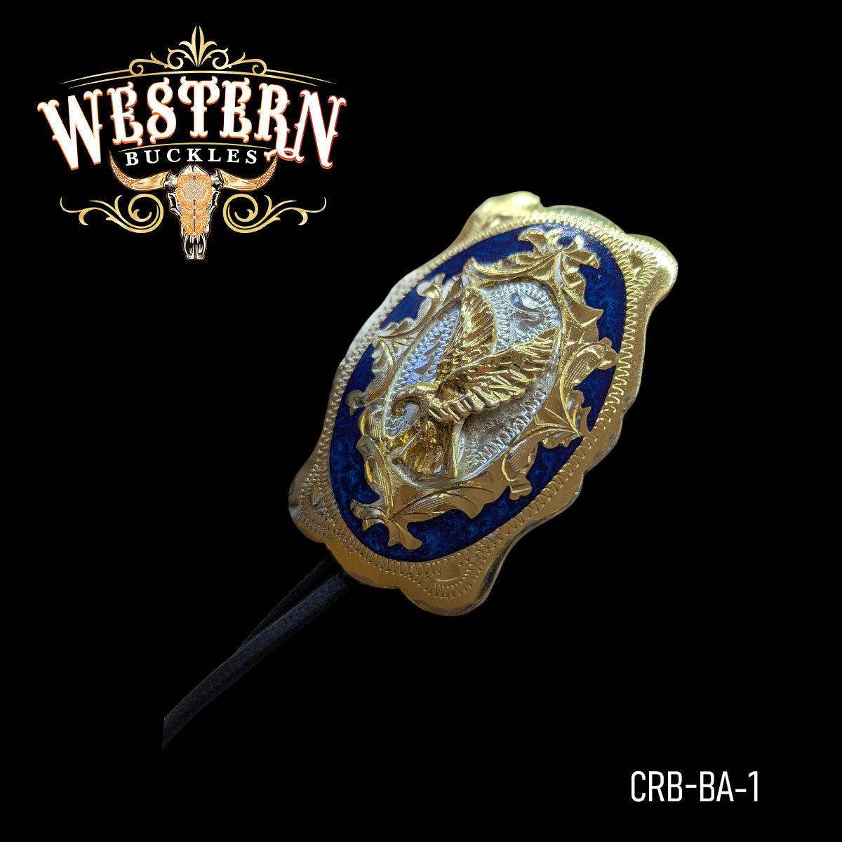 Western-style gold and blue belt buckle with eagle and floral details on black background.