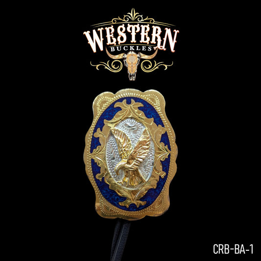 Oval western belt buckle with gold and blue eagle design on black background.
