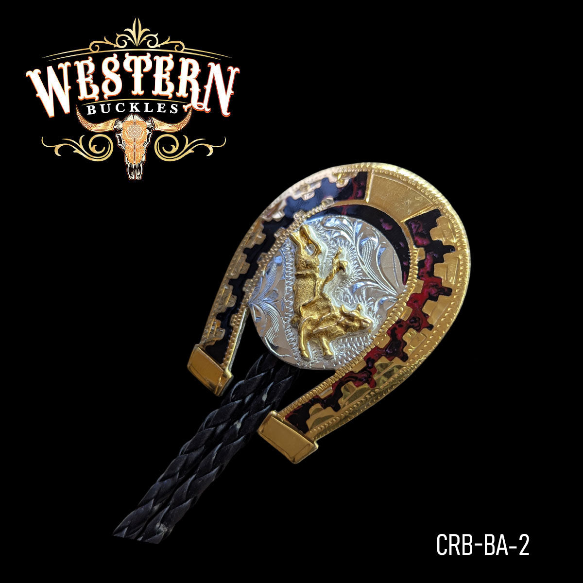 Western cowboy bolo tie with gold horseshoe and bull rider design on black background
