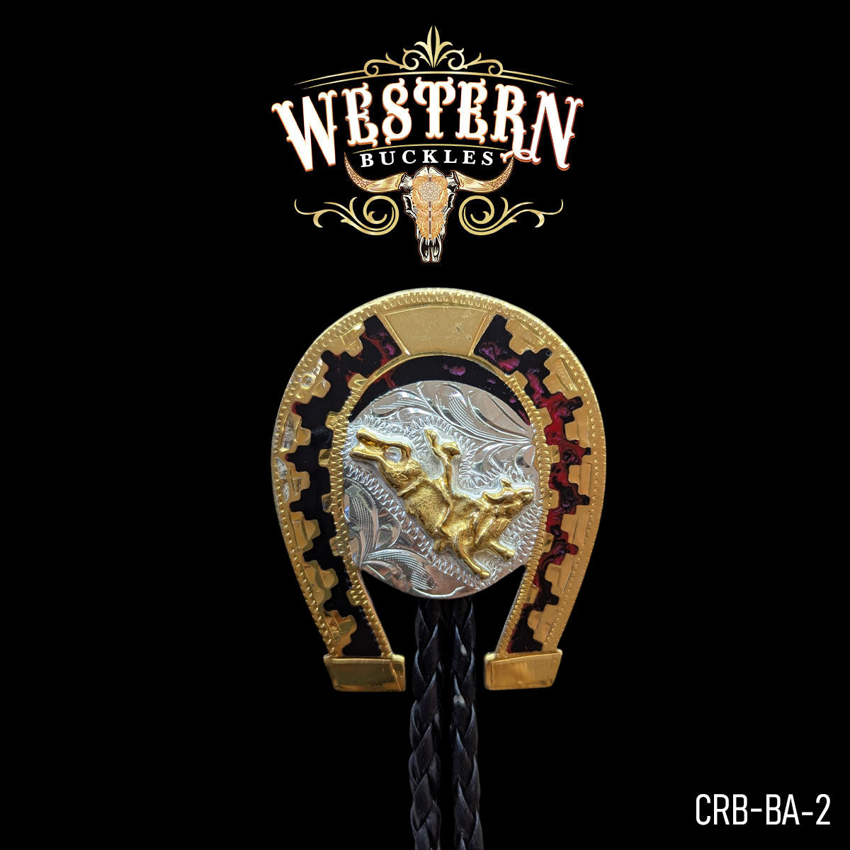 Western buckle with gold horse motif and horseshoe design on black braided leather