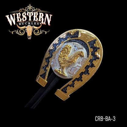 Western bolo tie with gold horseshoe and rooster design, cowboy accessory on black background