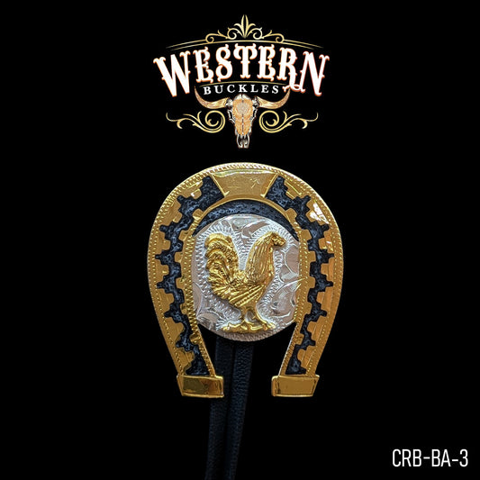 Western style bolo tie with gold horseshoe and rooster medallion on black background