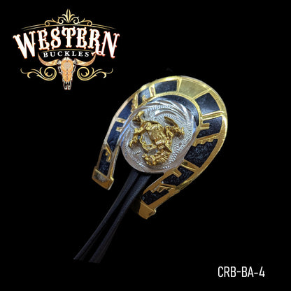 Western bolo tie with horseshoe and gold cowboy rider, black and gold western accessory