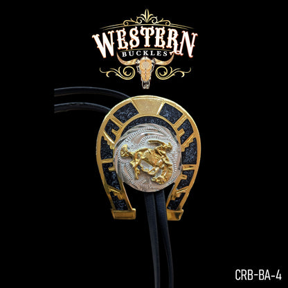 Western bolo tie with gold horseshoe and cowboy bull rider design on black background