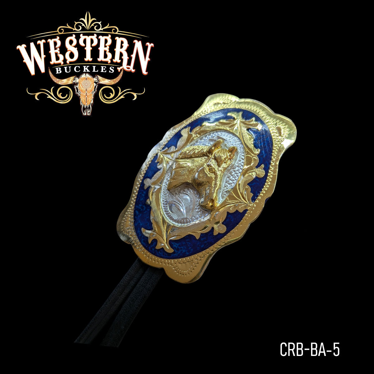 Western buckle with gold horse head, blue enamel details, and black cord on black background