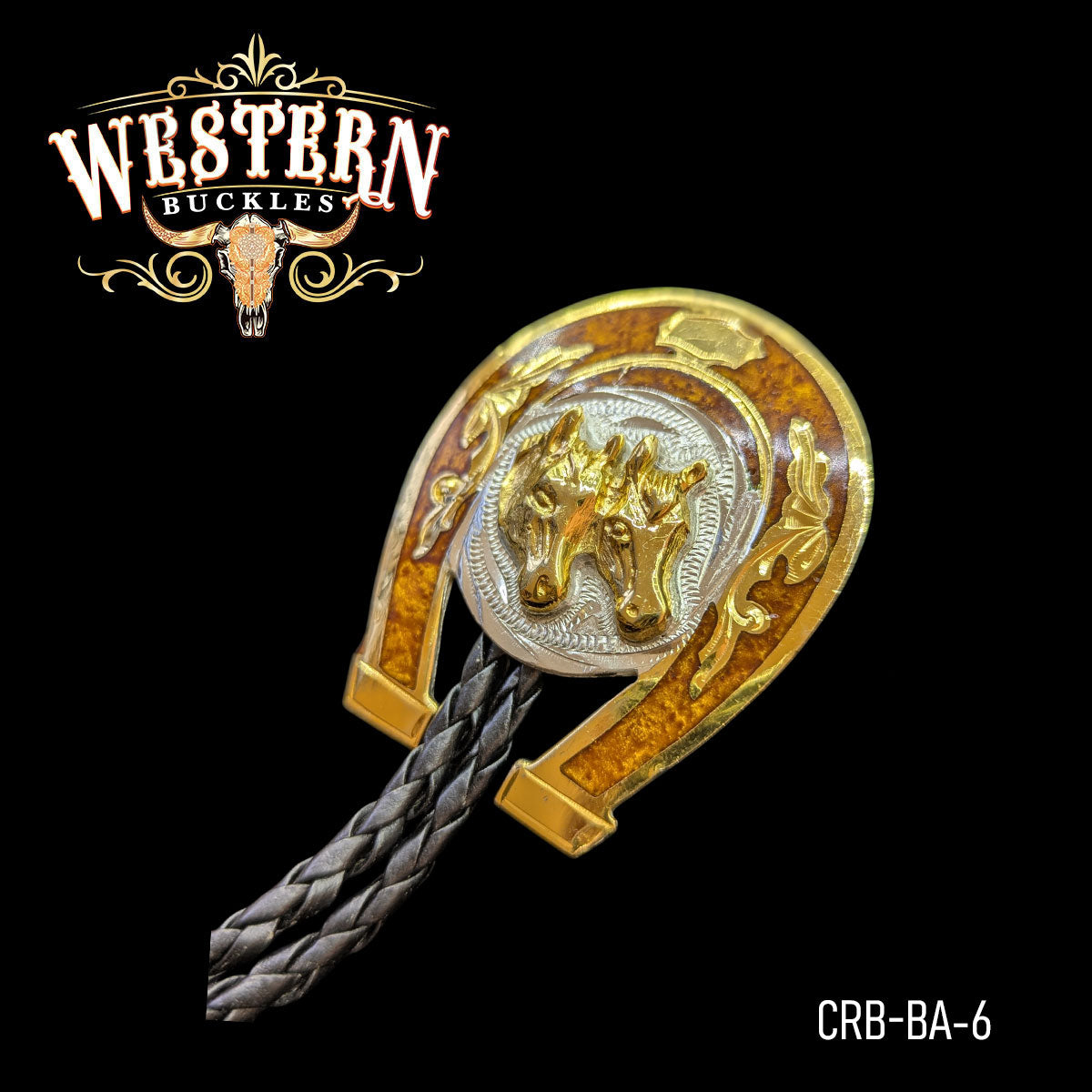 Western horse head bolo tie with gold horseshoe and braided leather cord