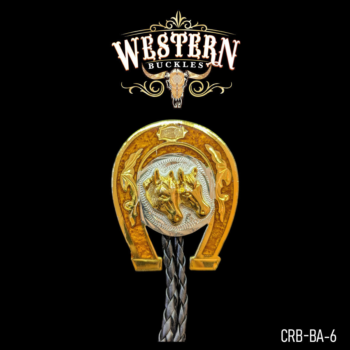 Western horse head bolo tie with gold horseshoe and engraved details on black background