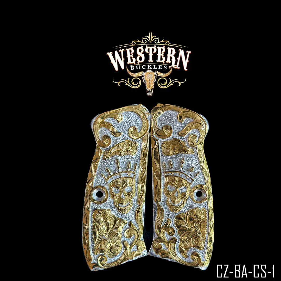 Custom pistol grips with gold and silver engraved skull and crown design, CZ-BA-CS-1 model.