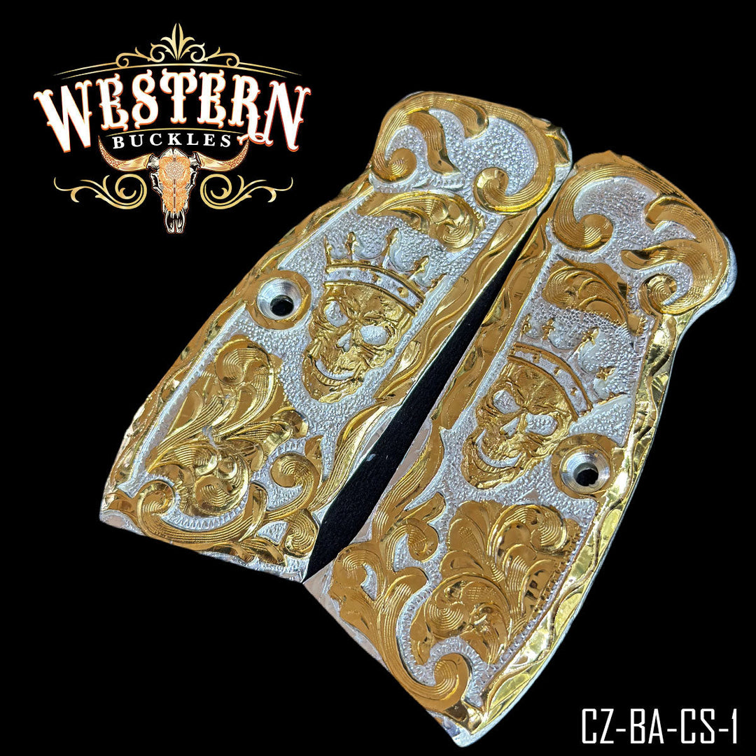 CZ 9mm Skull Cachas — Detail View | Western Buckles Handcrafted | SKU CZ-BA-CS-1