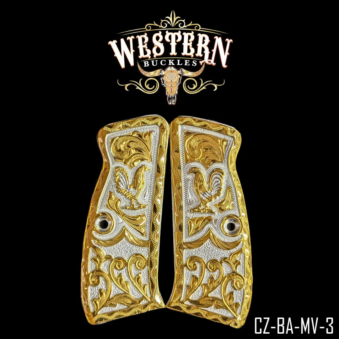 Gold and silver engraved Colt 1911 pistol grips with floral and bird motifs on black background