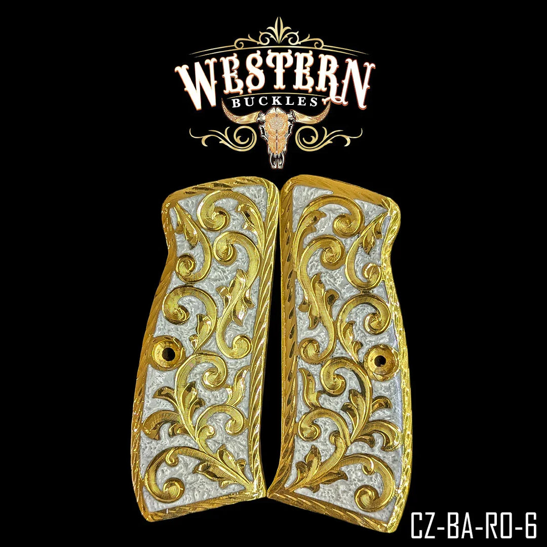 Decorative gold and silver pistol grips with floral engraving, custom 1911 gun accessory