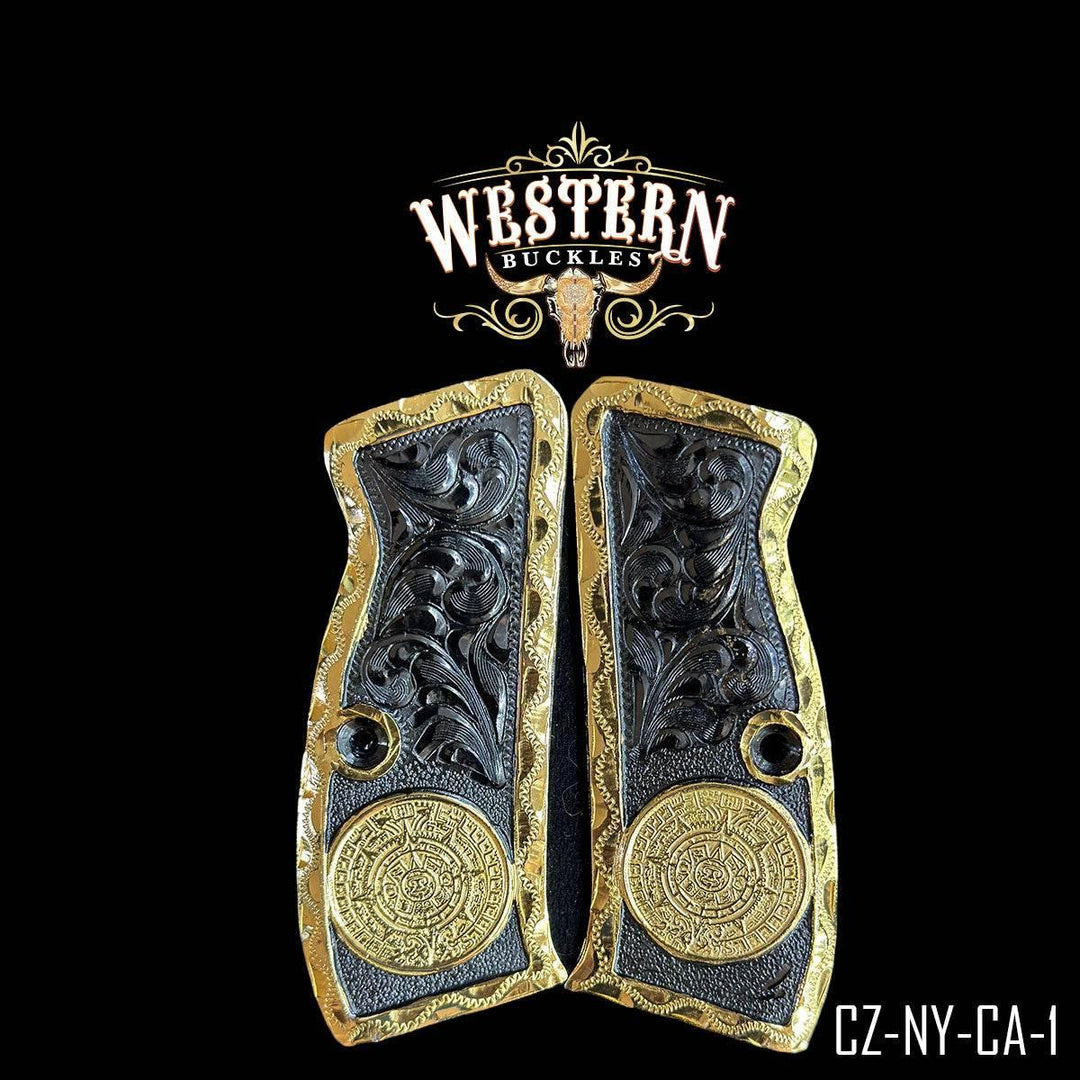 Ornate black and gold engraved pistol grips with Aztec design for Colt 1911, western style.