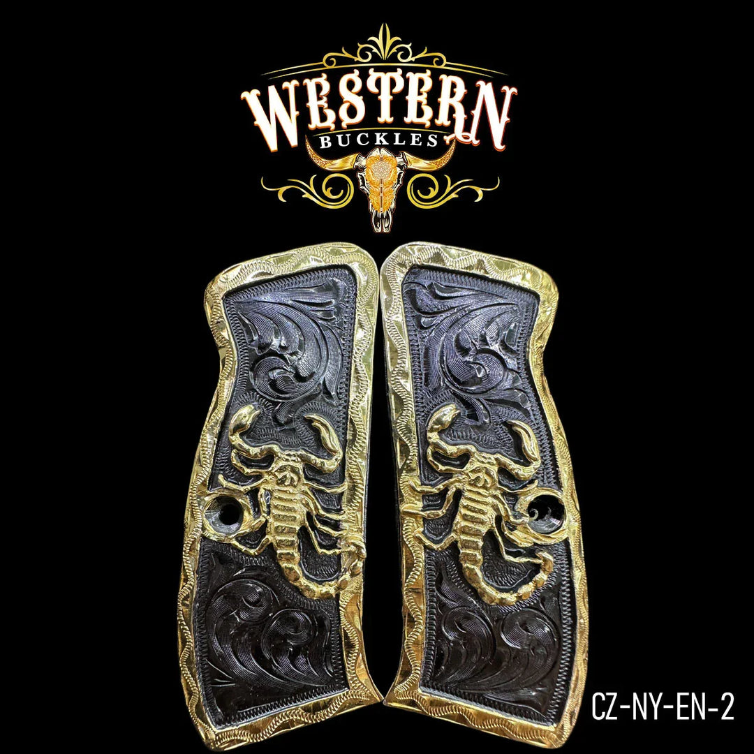 Custom pistol grips with gold scorpion design and engraved western floral pattern