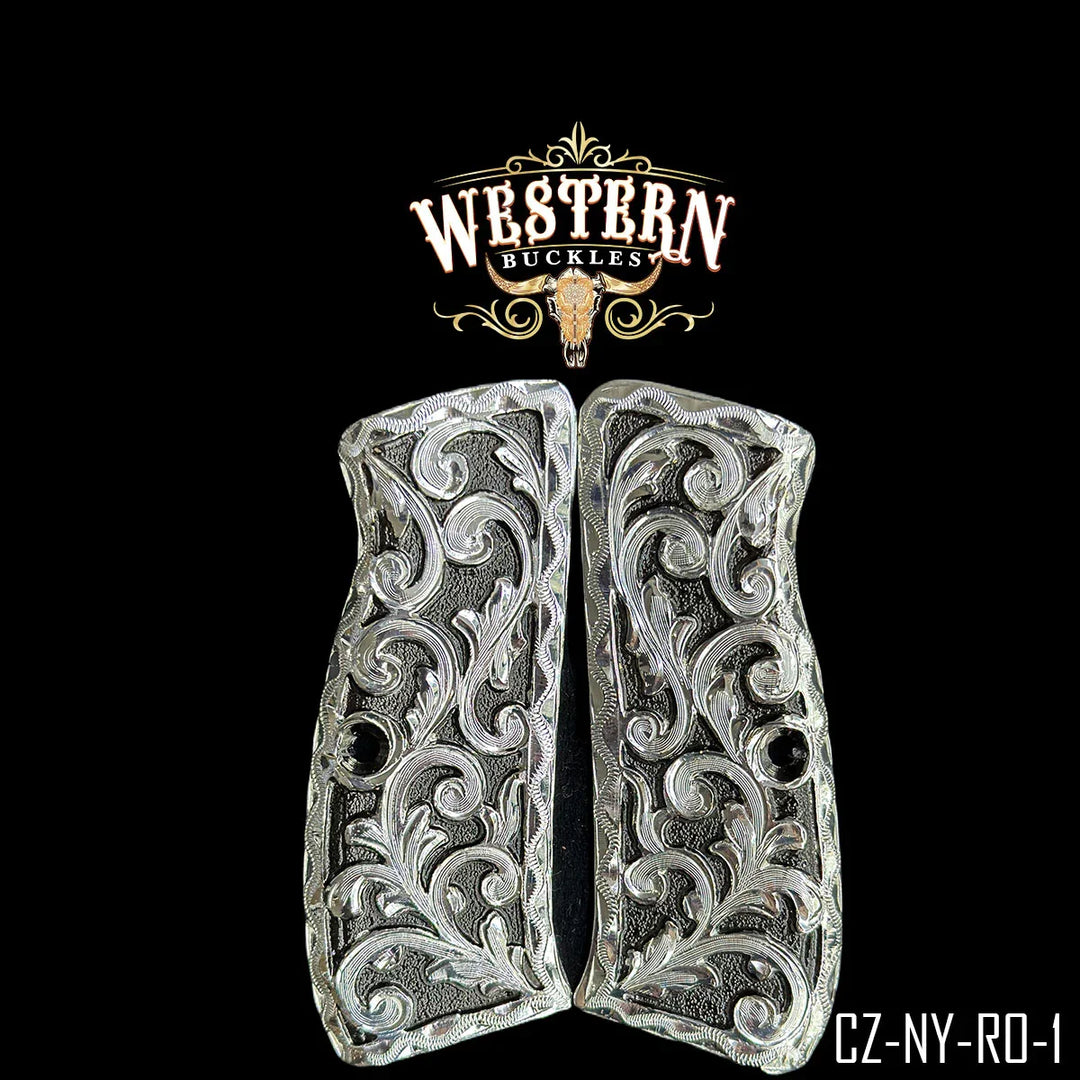 Engraved silver gun grips with western floral design on black background, CZ-NY-RO-1 model.
