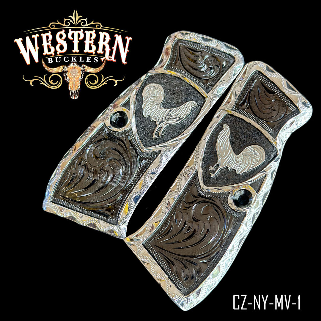 CZ 9mm Grips Rooster Silver and Black-The Western Buckles