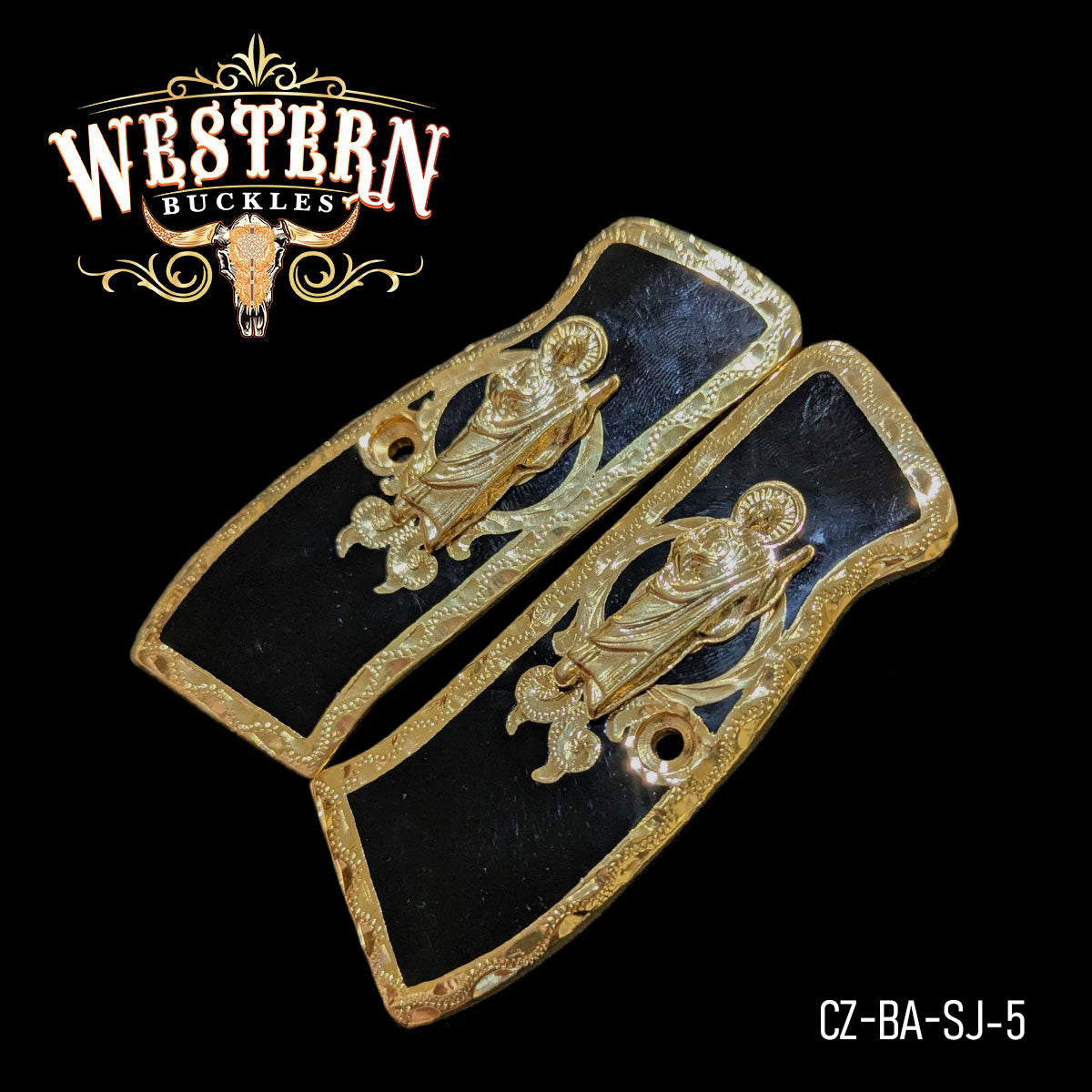 Black and gold pistol grips with ornate Saint figure design for CZ Grips, western style.