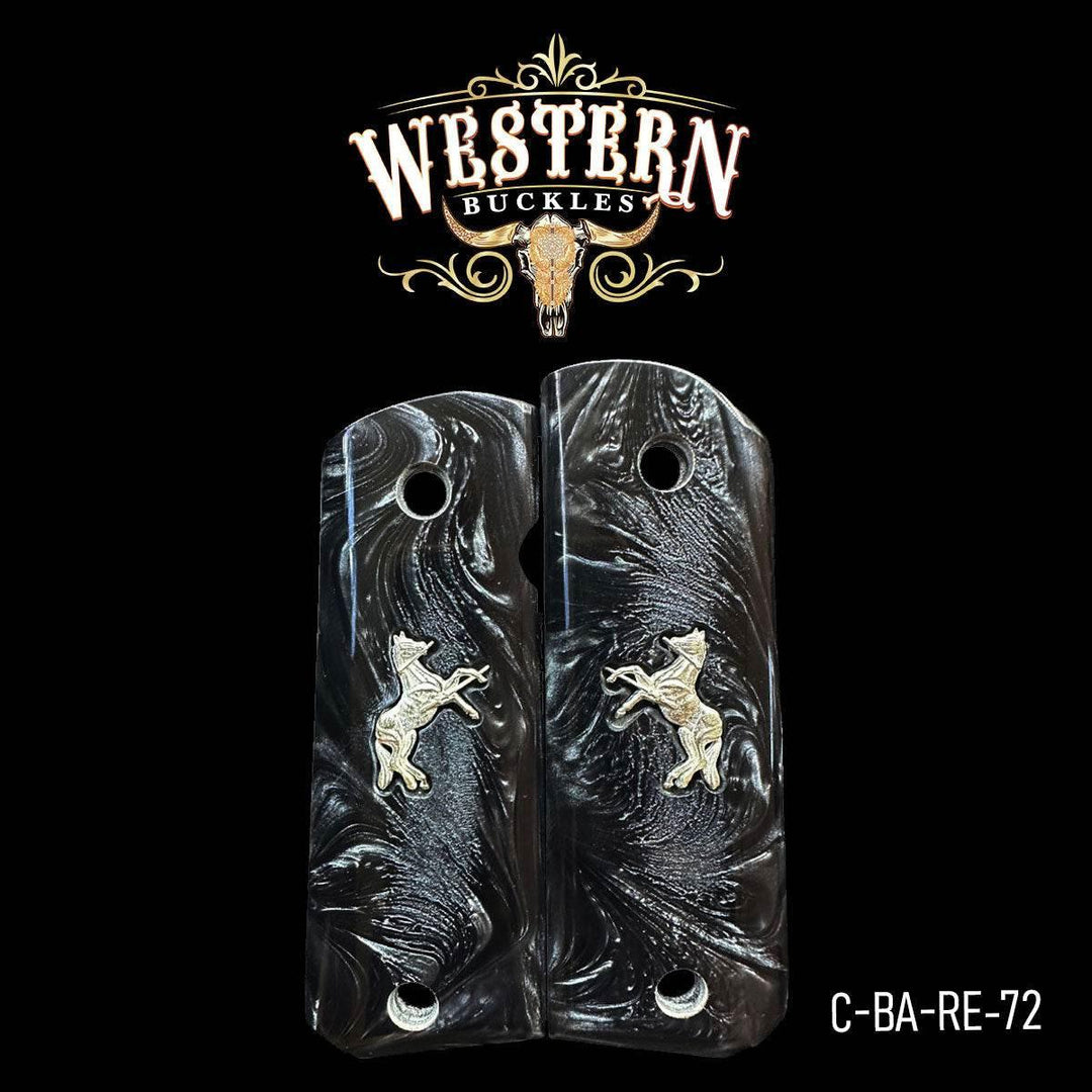 Black resin Colt 1911 grips with gold horse design, custom pistol handle grips.