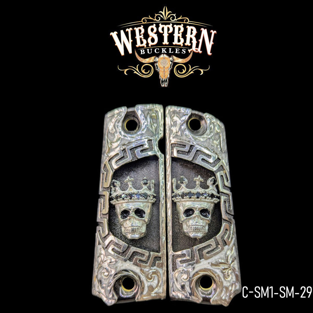 Cachas Colt 1911 Grips Calavera Con Zirconias Y Resina Blanca-The Western Buckles