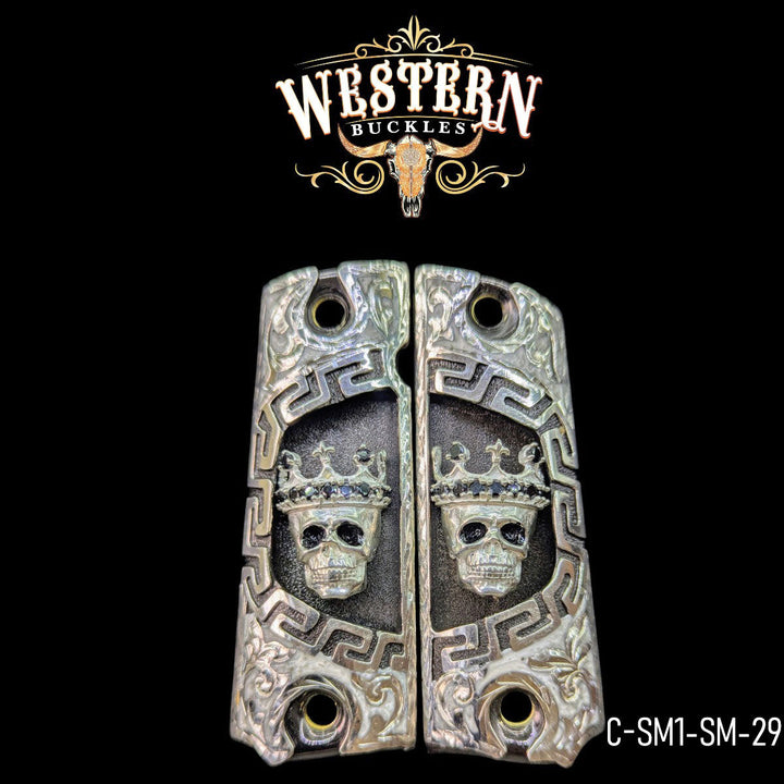 Cachas Colt 1911 Grips Calavera Con Zirconias Y Resina Blanca-The Western Buckles