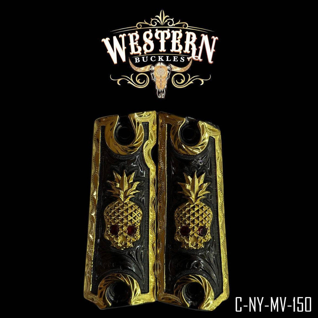 Cachas Colt 1911 Grips Calavera Piña Zirconias Rojas-The Western Buckles
