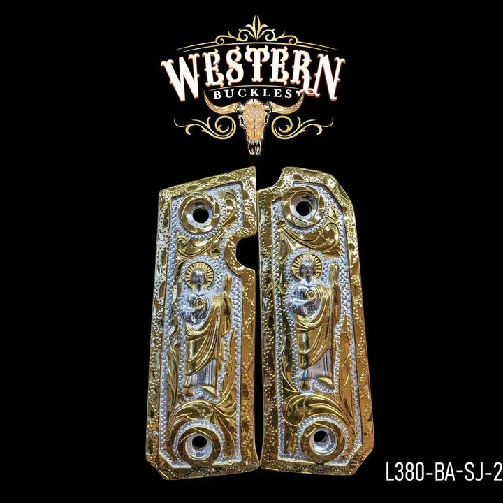 Cachas Llama 380 Grips San Judas Rameado Oro-The Western Buckles