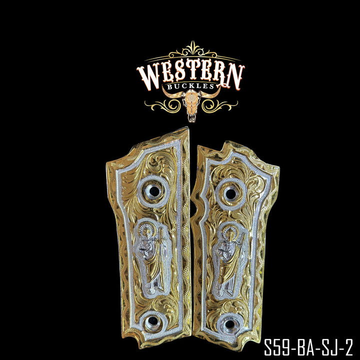 Cachas Smith &amp; Wesson 59 San Judas Gold-The Western Buckles