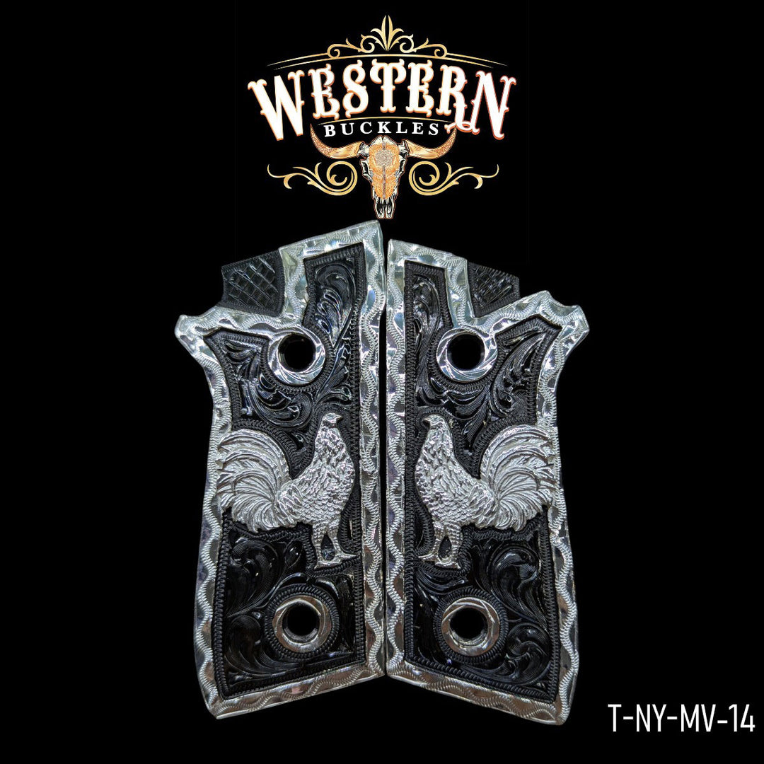 Cachas Taurus Gallo Niquel Negro y Plata-The Western Buckles