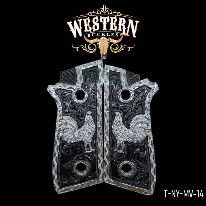 Cachas Taurus Gallo Niquel Negro y Plata-The Western Buckles