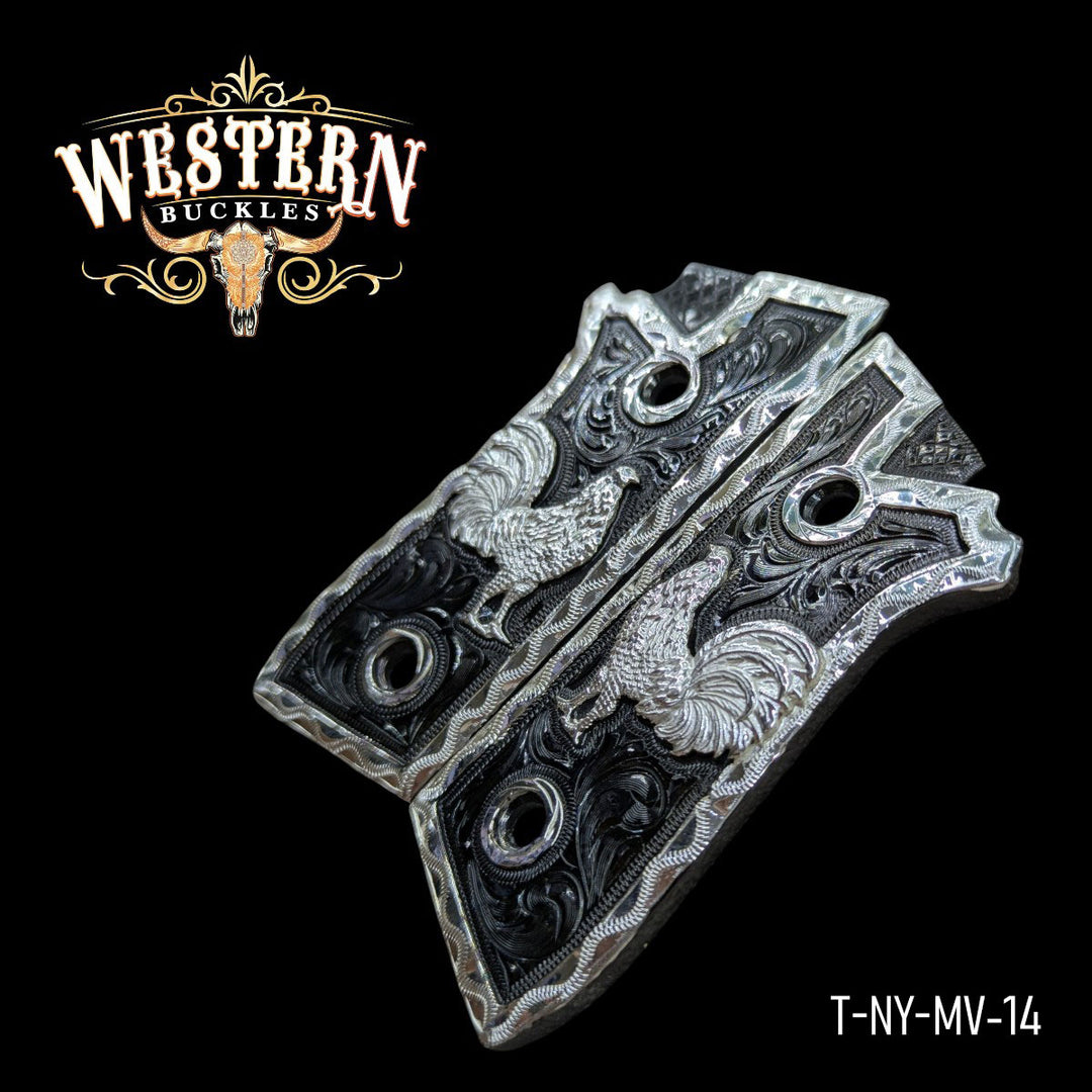 Cachas Taurus Gallo Niquel Negro y Plata-The Western Buckles