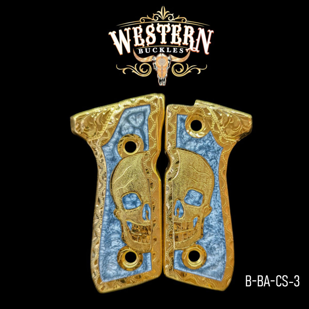 Calavera (Skull) Custom Grips for Beretta 92FS — 24K Gold-Plated with Artisan Resin