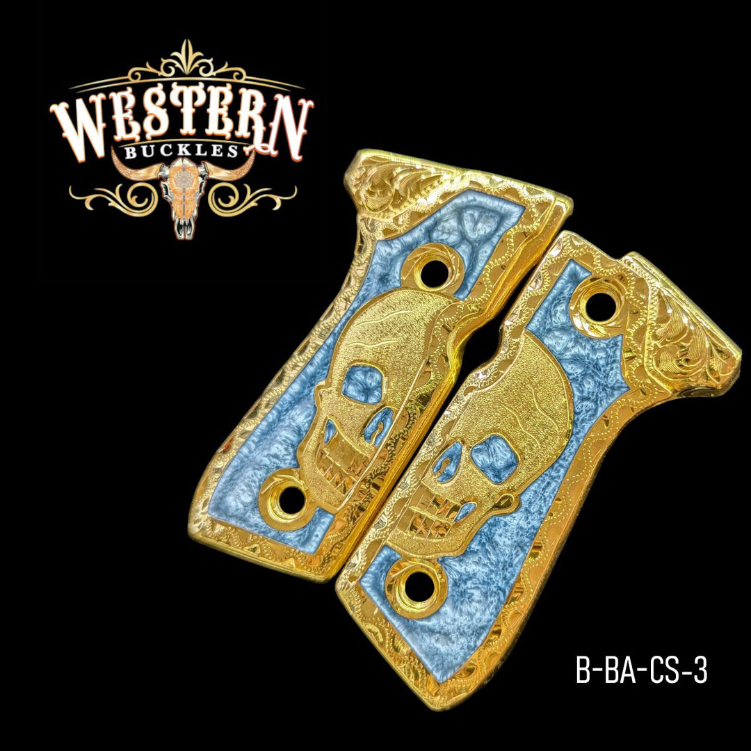 Calavera (Skull) Custom Grips for Beretta 92FS — 24K Gold-Plated with Artisan Resin
