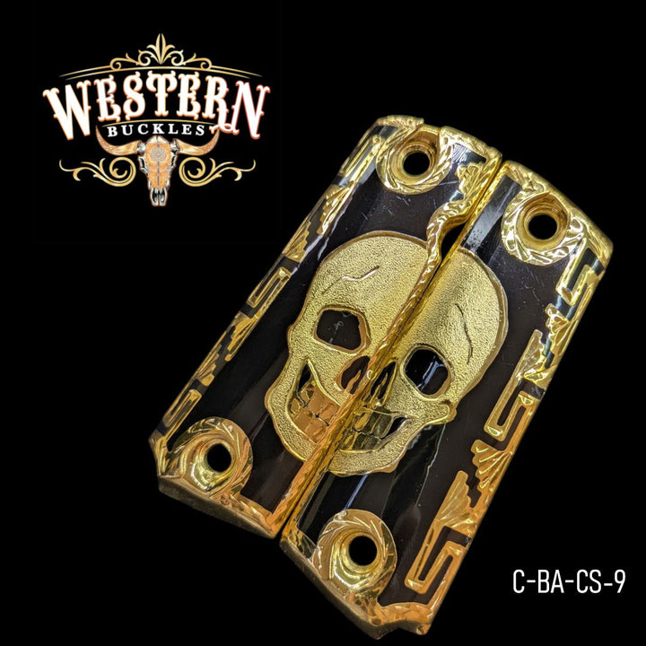 Calavera (Skull) Custom Grips for Colt 1911 Full-Size — 24K Gold-Plated with Black Artisan Resin