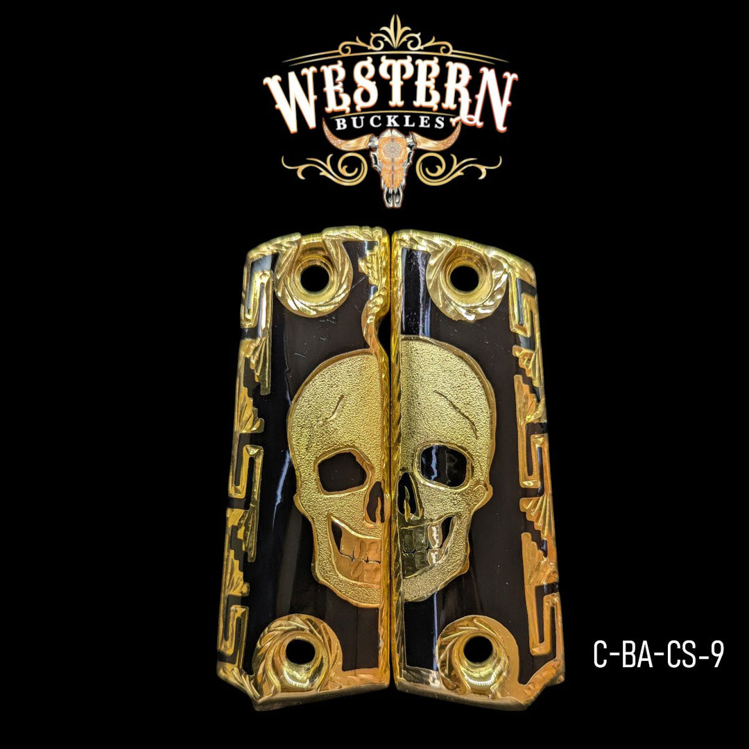 Calavera (Skull) Custom Grips for Colt 1911 Full-Size — 24K Gold-Plated with Black Artisan Resin
