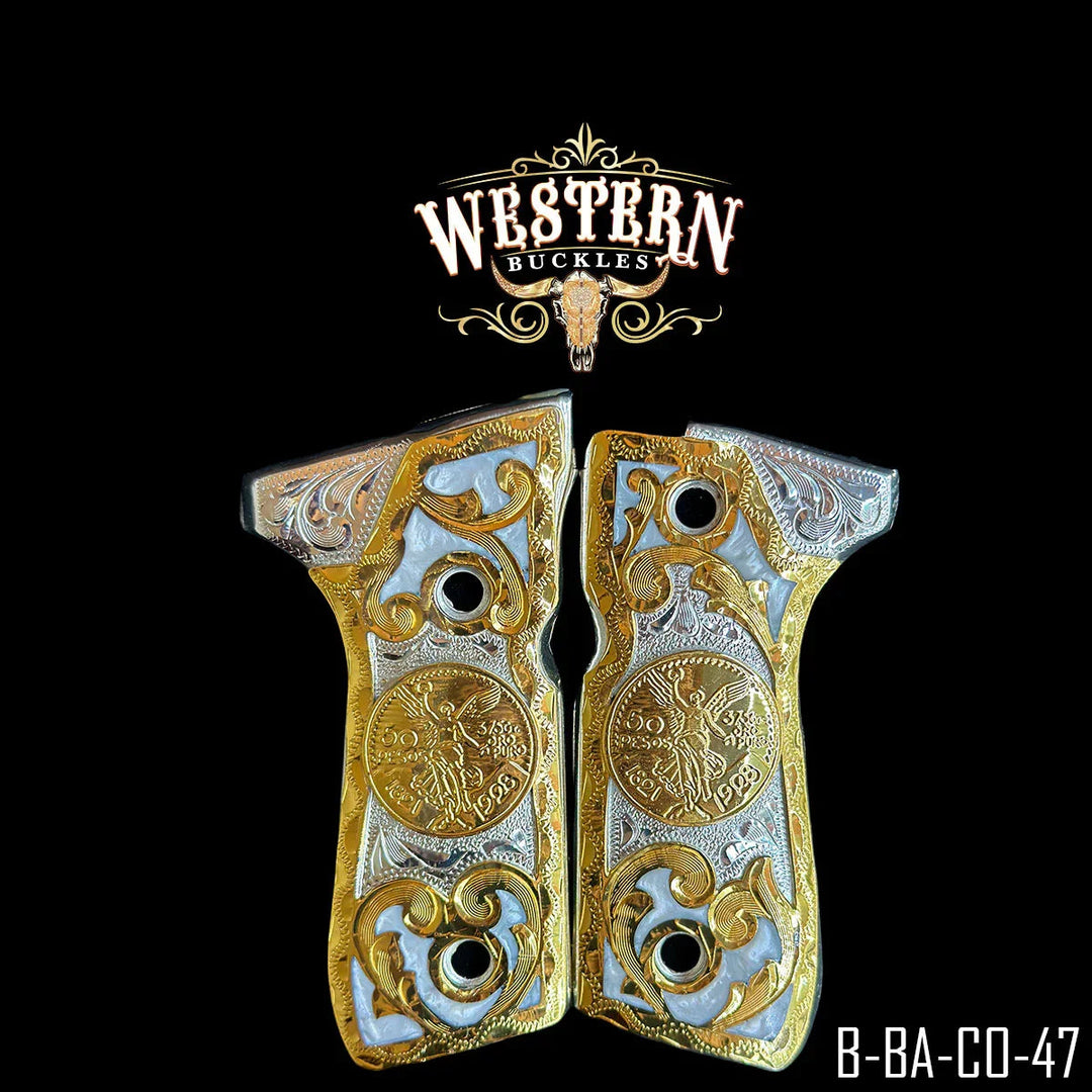 Centenario Custom Grips for Beretta 92FS — 24K Gold-Plated &amp; Silver-Plated with Artisan Resin-The Western Buckles