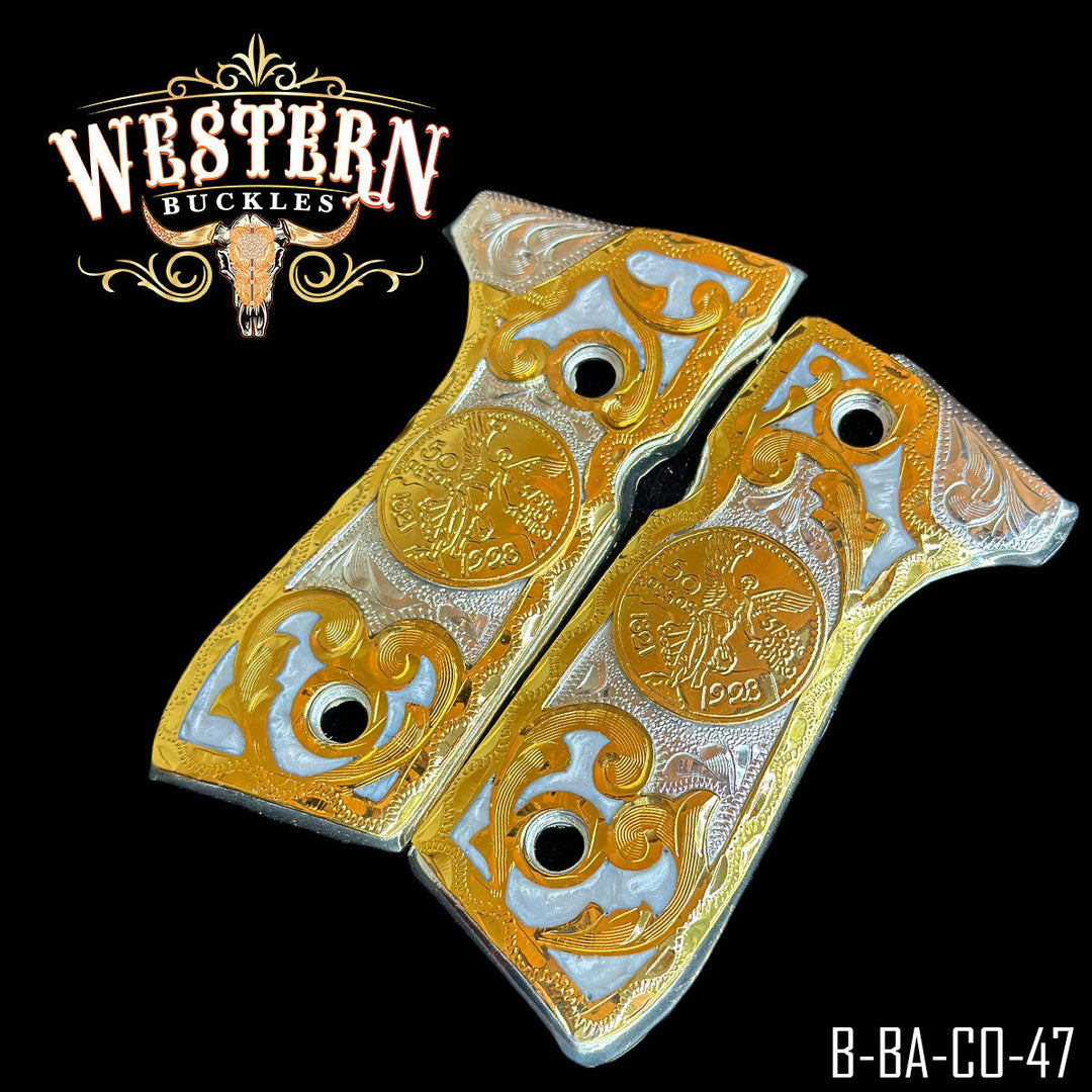 Centenario Custom Grips for Beretta 92FS — 24K Gold-Plated &amp; Silver-Plated with Artisan Resin The Western Buckles