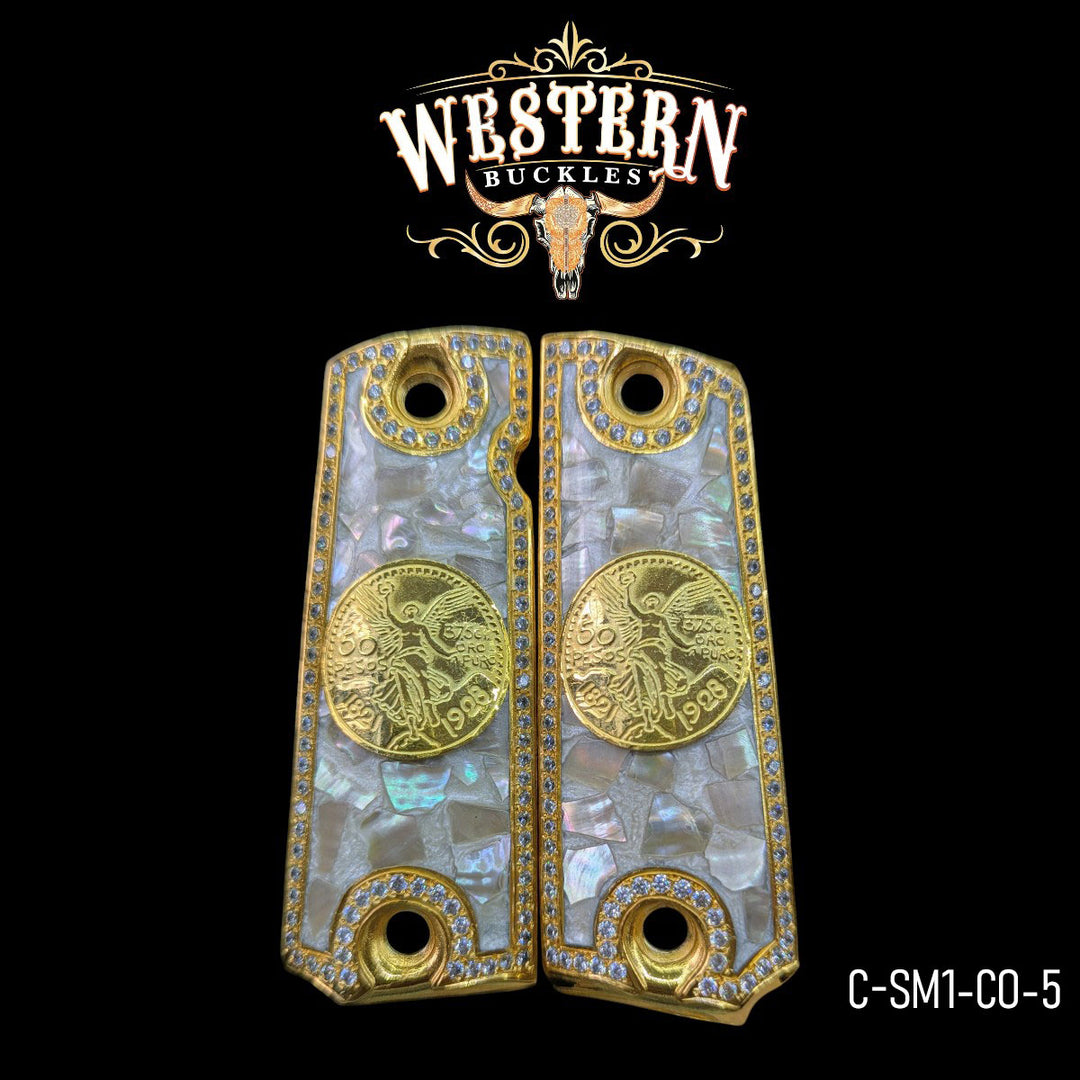 Centenario Custom Grips for Colt 1911 Full-Size — 24K Gold-Plated with Mother-of-Pearl, Artisan Resin & Zirconia Stones-