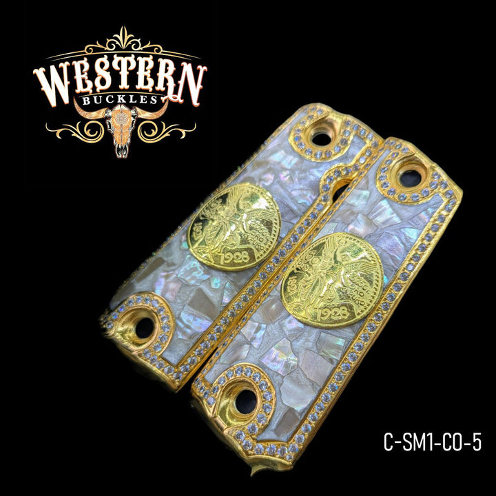 Centenario Custom Grips for Colt 1911 Full-Size — 24K Gold-Plated with Mother-of-Pearl, Artisan Resin &amp; Zirconia Stones-