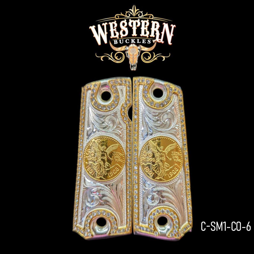 Centenario Custom Grips for Colt 1911 Full-Size — 24K Gold-Plated with Silver &amp; Zirconia Stones