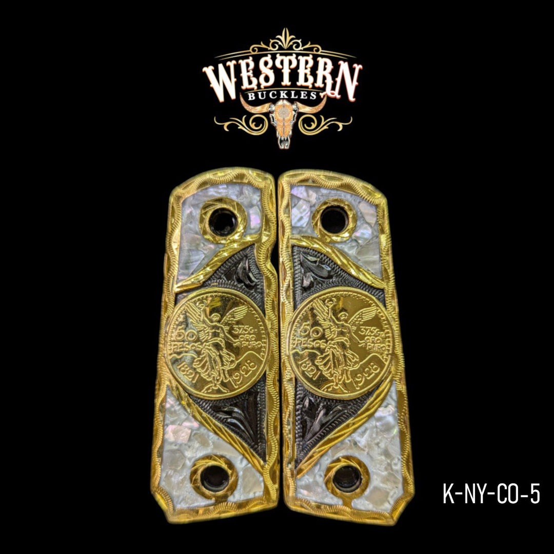 Centenario Custom Grips for the Colt 1911 Compact &amp; Defender — 24K Gold-Plated &amp; Black Nickel &amp; Mother-of-Pearl