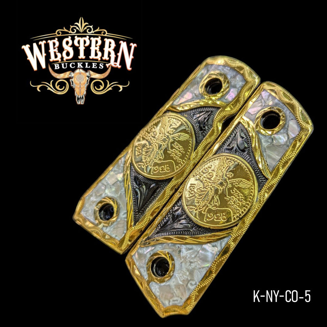 Centenario Custom Grips for the Colt 1911 Compact &amp; Defender — 24K Gold-Plated &amp; Black Nickel &amp; Mother-of-Pearl