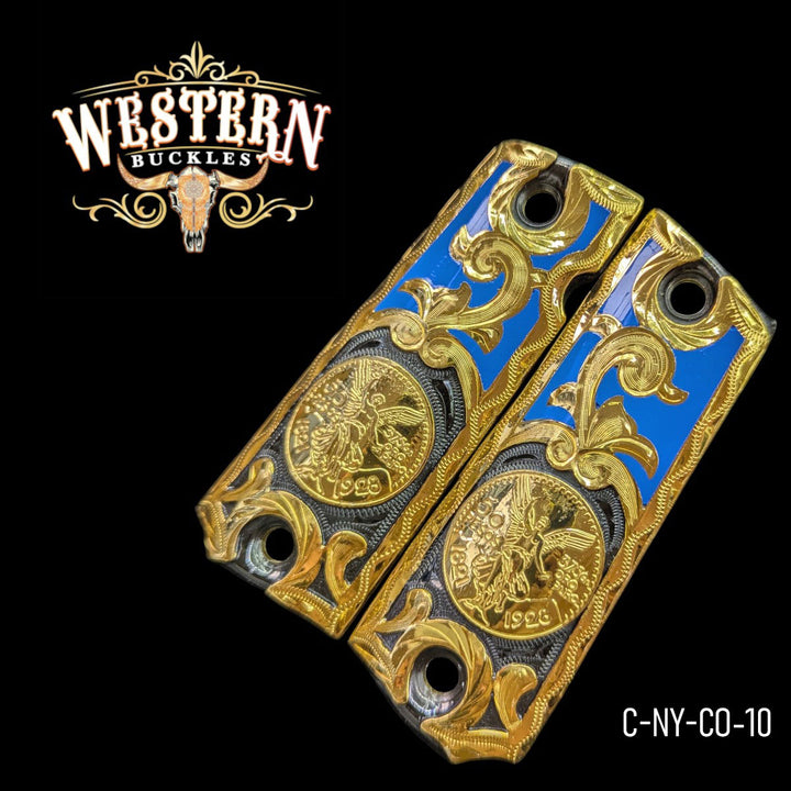 Centenario Grips for Colt 1911 Full-Size — 24K Gold-Plated and Blue Resin