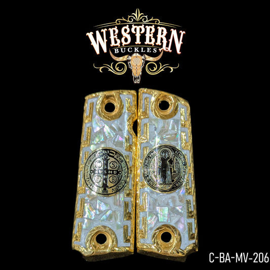 Custom pearl and gold 1911 pistol grips with san benito resin, Western Buckles style