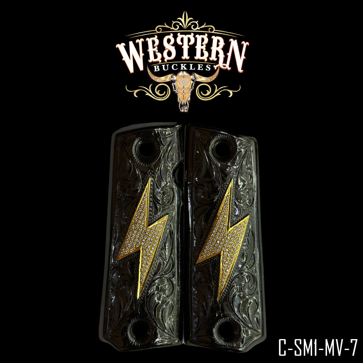 Custom Colt 1911 pistol grips with engraved design and gold lightning bolt accents