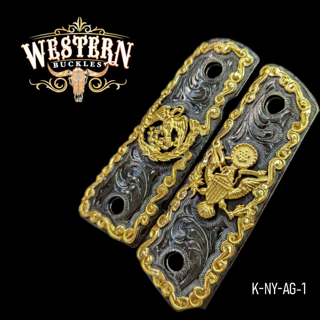 Eagle Custom Grips for the Colt 1911 Compact &amp; Defender — 24K Gold-Plated &amp; Black Nickel
