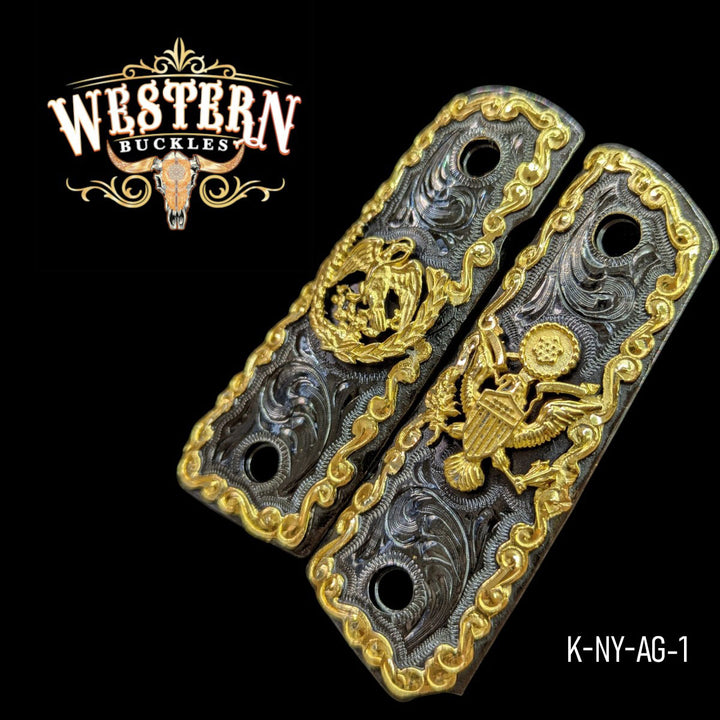 Eagle Custom Grips for the Colt 1911 Compact &amp; Defender — 24K Gold-Plated &amp; Black Nickel
